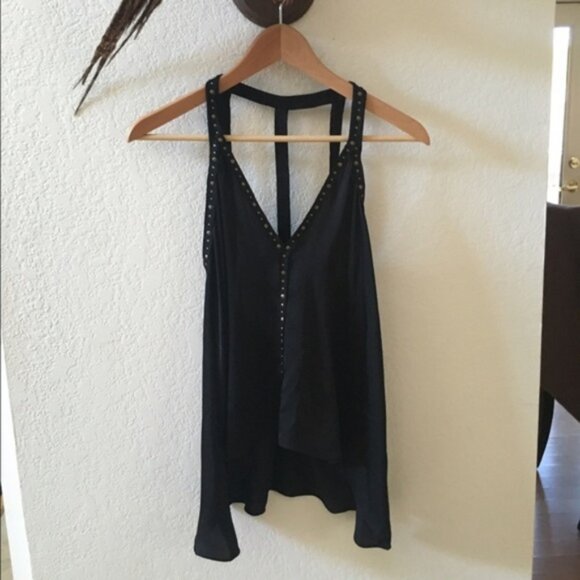 New BCBGMaxAzria Abbey v-neck studded cutout cage open back trapeze satin top - Picture 3 of 8